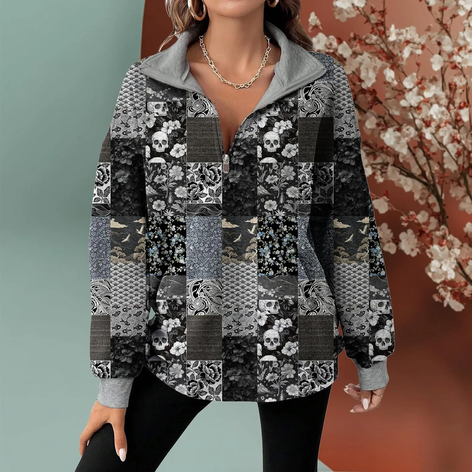MARSVOVO Patchwork Quarter Zip Pullover Women Trendy Collar Sweatshirt Casual Slim Fit Spring Fall Long Sleeve Shirts