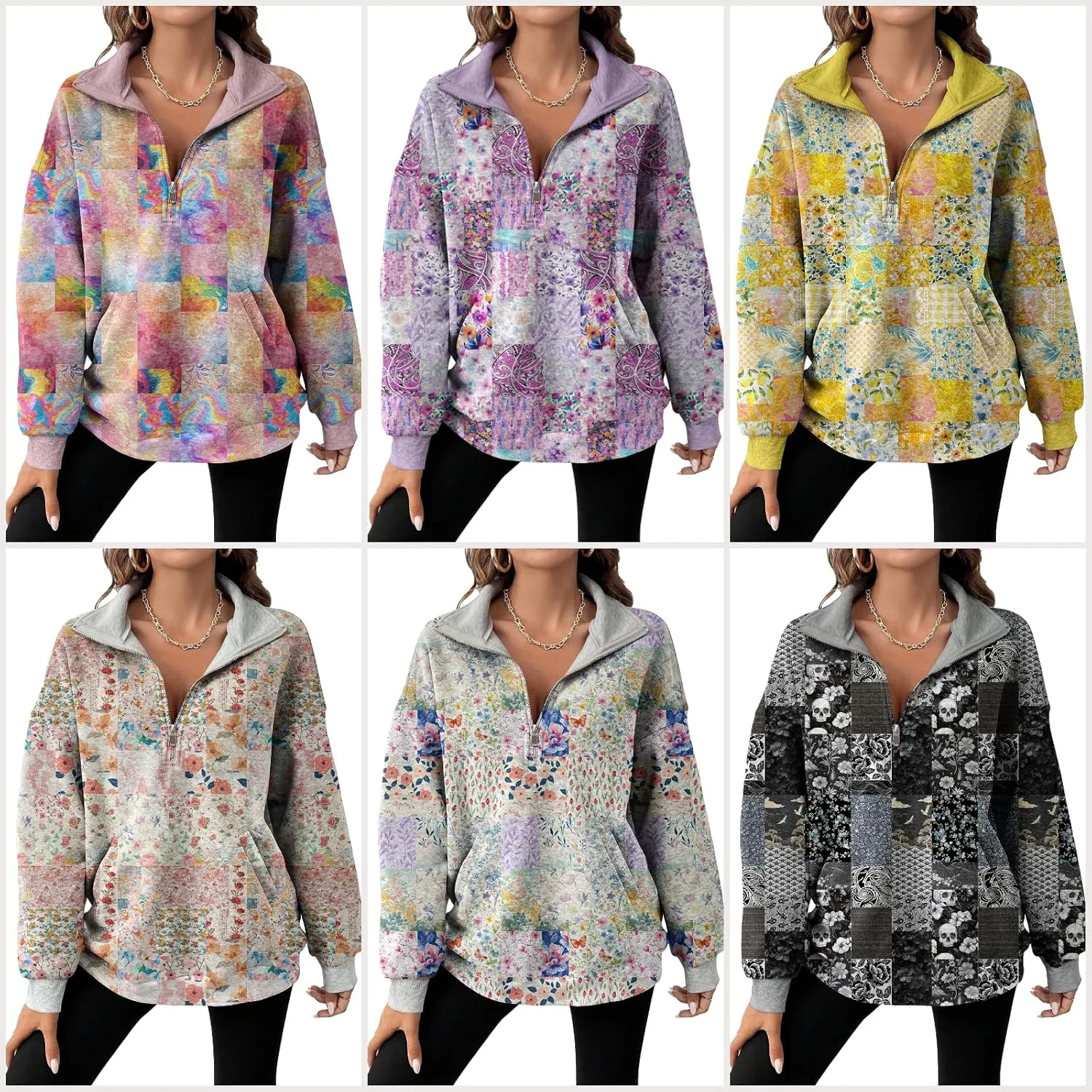 MARSVOVO Patchwork Quarter Zip Pullover Women Trendy Collar Sweatshirt Casual Slim Fit Spring Fall Long Sleeve Shirts