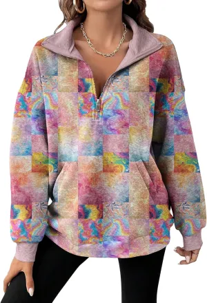 MARSVOVO Patchwork Quarter Zip Pullover Women Trendy Collar Sweatshirt Casual Slim Fit Spring Fall Long Sleeve Shirts