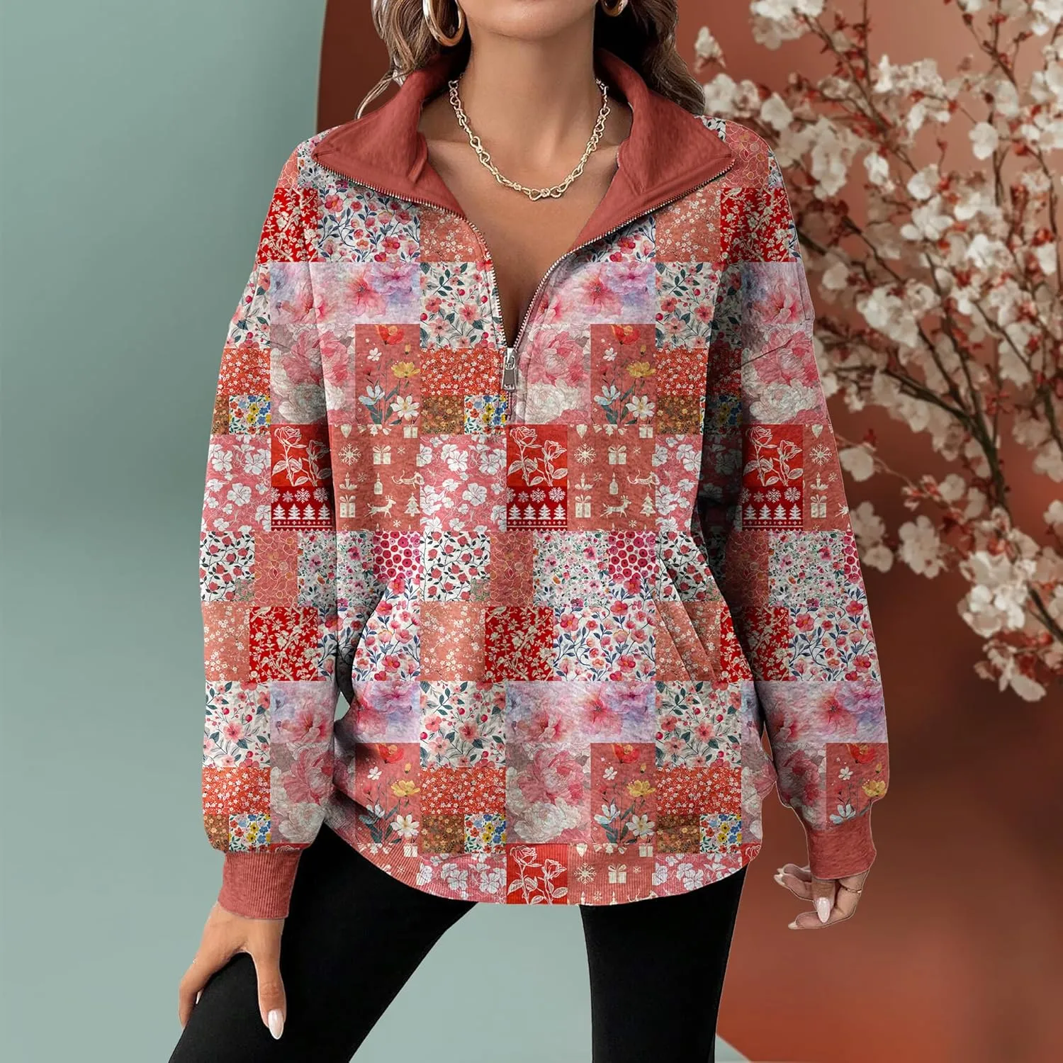 MARSVOVO Patchwork Quarter Zip Pullover Women Trendy Collar Sweatshirt Casual Slim Fit Spring Fall Long Sleeve Shirts