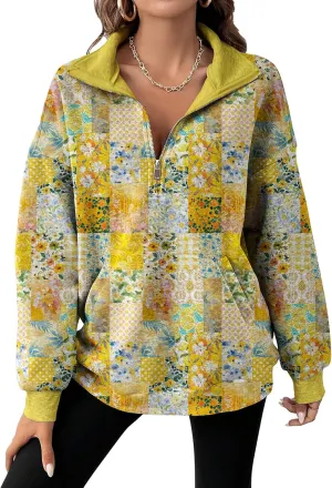 MARSVOVO Patchwork Quarter Zip Pullover Women Trendy Collar Sweatshirt Casual Slim Fit Spring Fall Long Sleeve Shirts