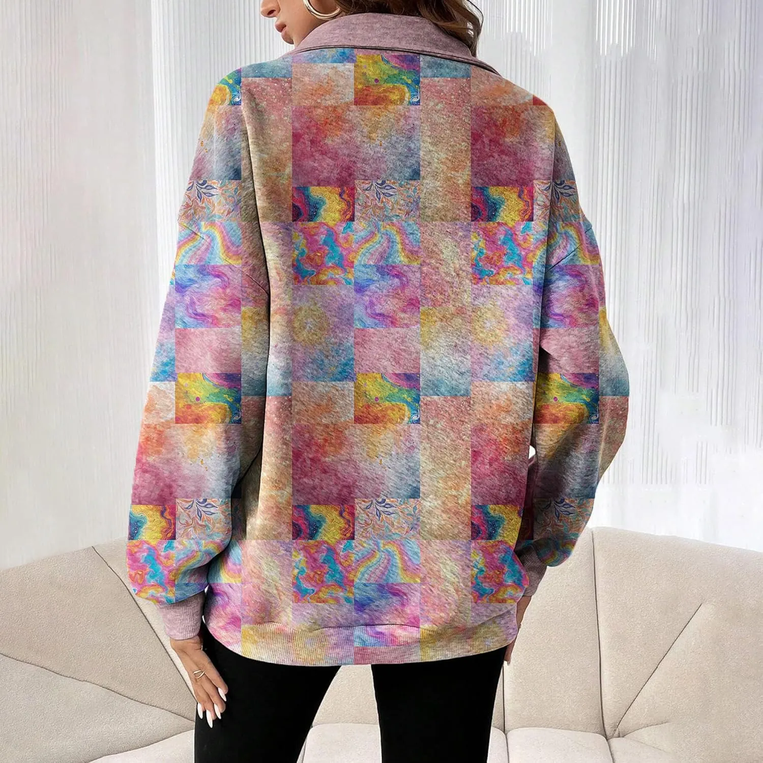 MARSVOVO Patchwork Quarter Zip Pullover Women Trendy Collar Sweatshirt Casual Slim Fit Spring Fall Long Sleeve Shirts