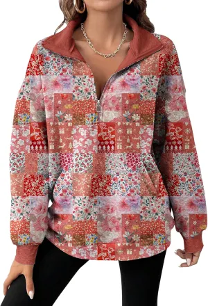 MARSVOVO Patchwork Quarter Zip Pullover Women Trendy Collar Sweatshirt Casual Slim Fit Spring Fall Long Sleeve Shirts