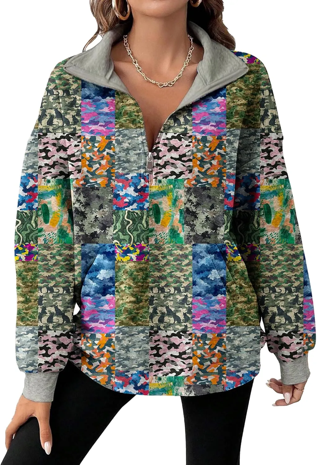 MARSVOVO Patchwork Quarter Zip Pullover Women Trendy Collar Sweatshirt Casual Slim Fit Spring Fall Long Sleeve Shirts