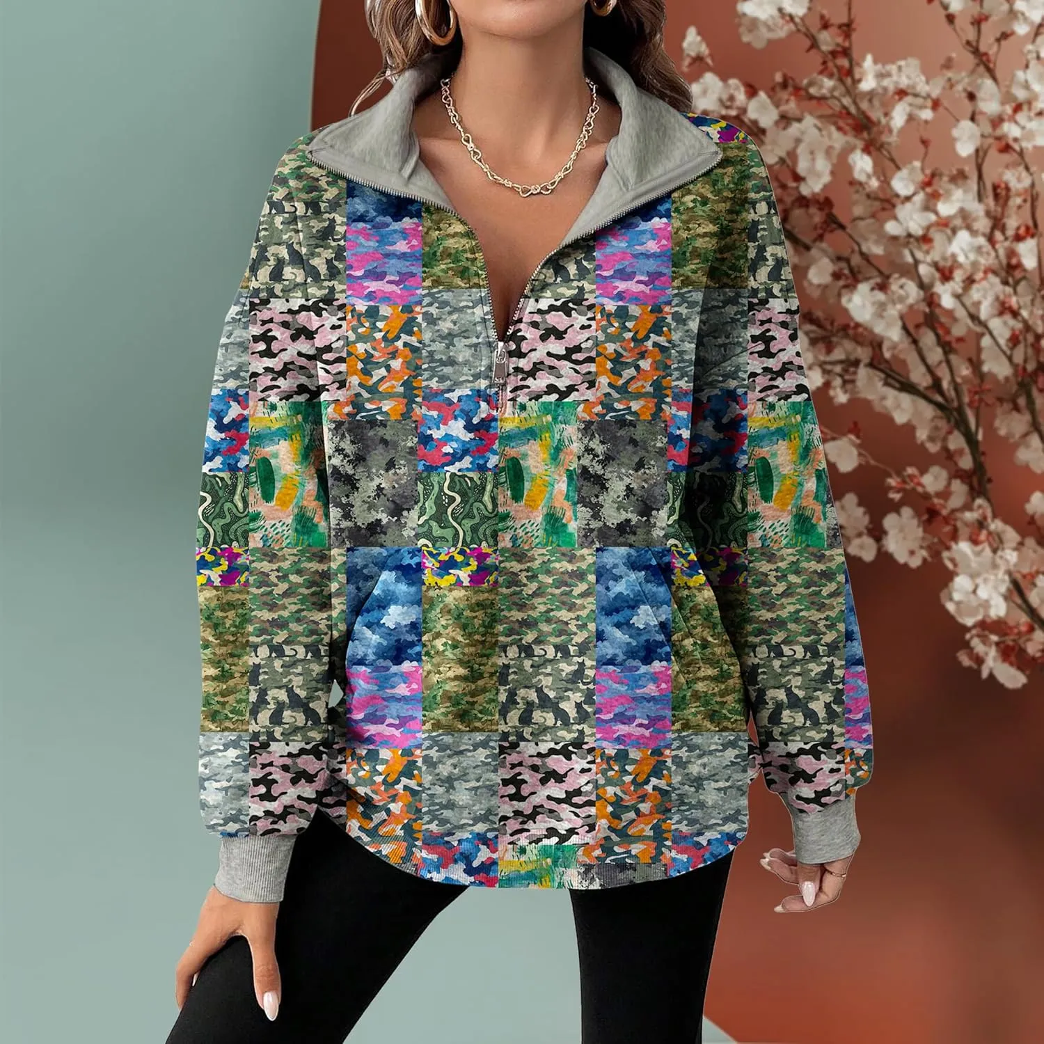 MARSVOVO Patchwork Quarter Zip Pullover Women Trendy Collar Sweatshirt Casual Slim Fit Spring Fall Long Sleeve Shirts