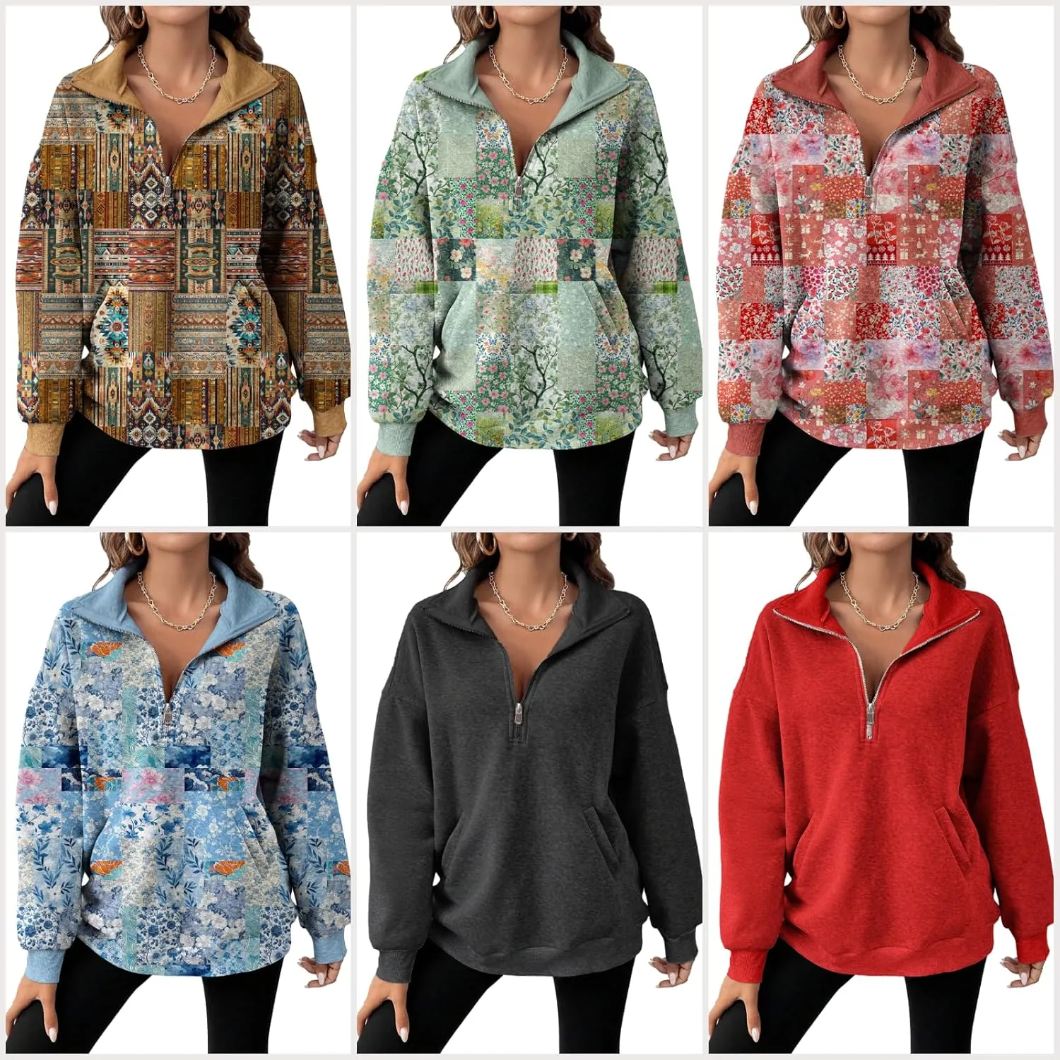 MARSVOVO Patchwork Quarter Zip Pullover Women Trendy Collar Sweatshirt Casual Slim Fit Spring Fall Long Sleeve Shirts