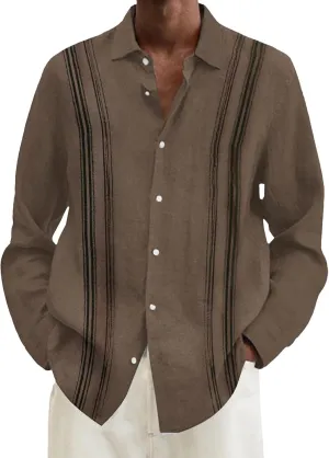 Men Cuba Guayabera Shirt Long Sleeve Button Lapel Casual Shirt Loose Comfy Beach Vacation Style Fashion Top Plus Size