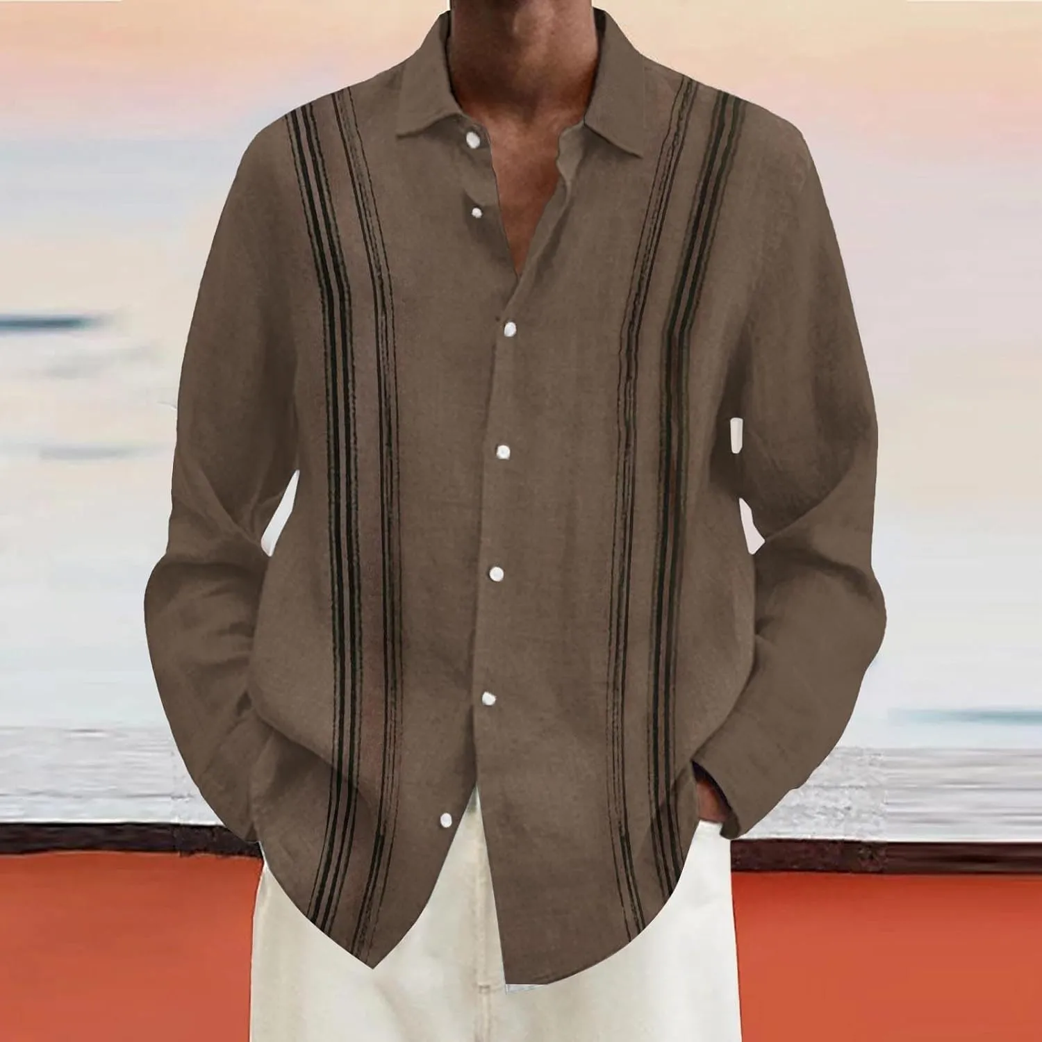 Men Cuba Guayabera Shirt Long Sleeve Button Lapel Casual Shirt Loose Comfy Beach Vacation Style Fashion Top Plus Size