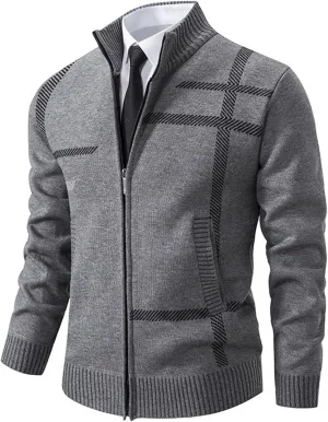 Men's Cardigan Sweaters Full Zip Up Stand Collar Slim Fit Casual Knitted Sweater with 2 Pockets Stripe Knit Cardigan