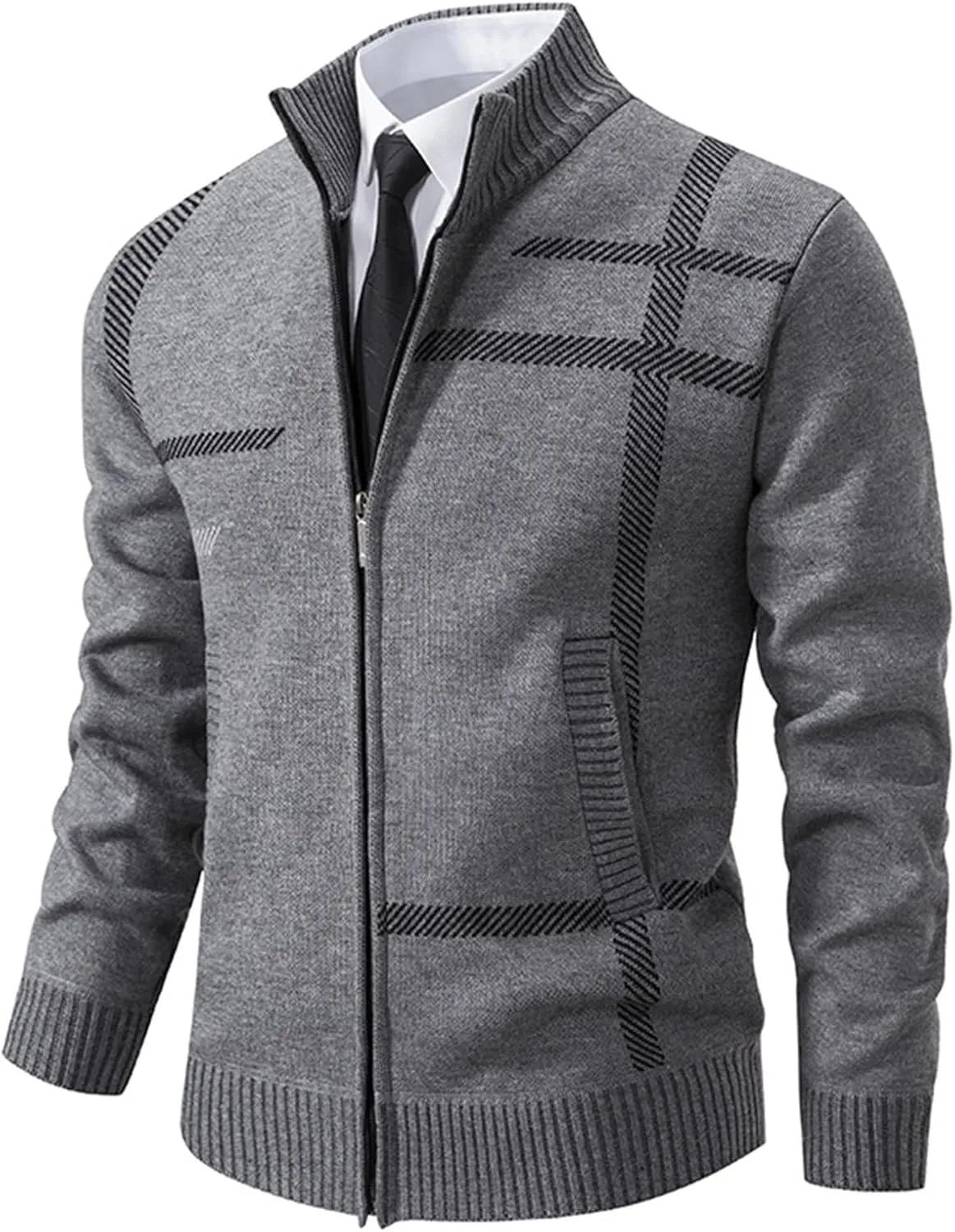 Men's Cardigan Sweaters Full Zip Up Stand Collar Slim Fit Casual Knitted Sweater with 2 Pockets Stripe Knit Cardigan