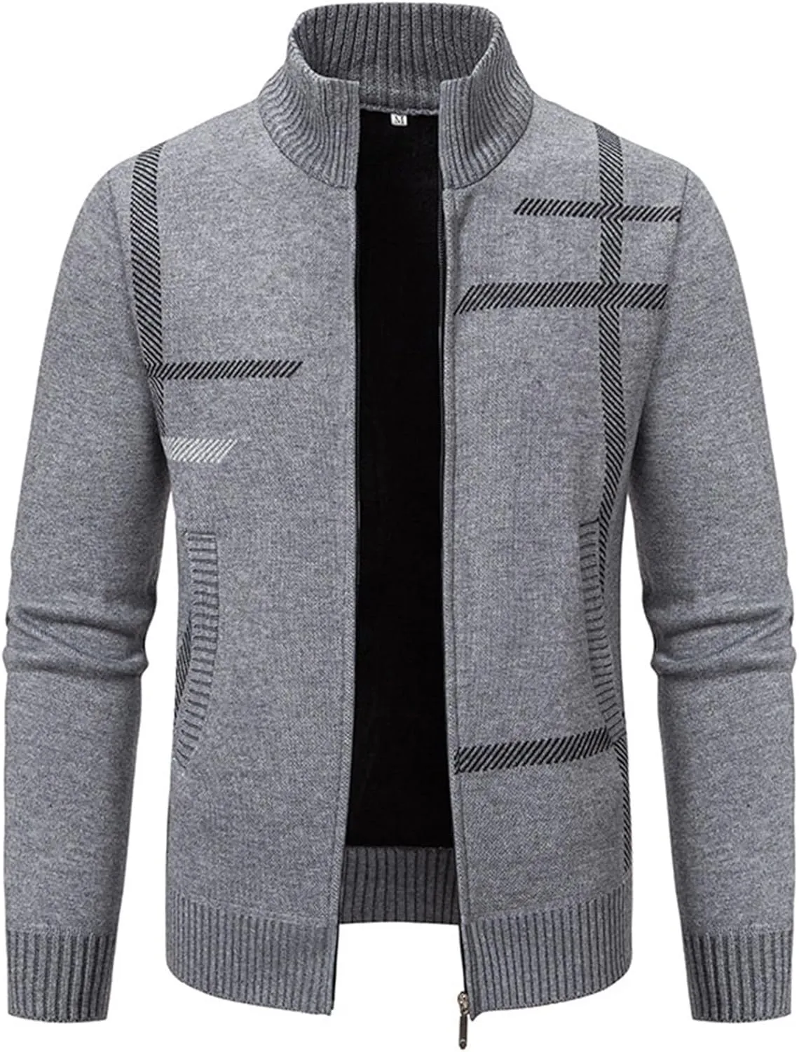 Men's Cardigan Sweaters Full Zip Up Stand Collar Slim Fit Casual Knitted Sweater with 2 Pockets Stripe Knit Cardigan