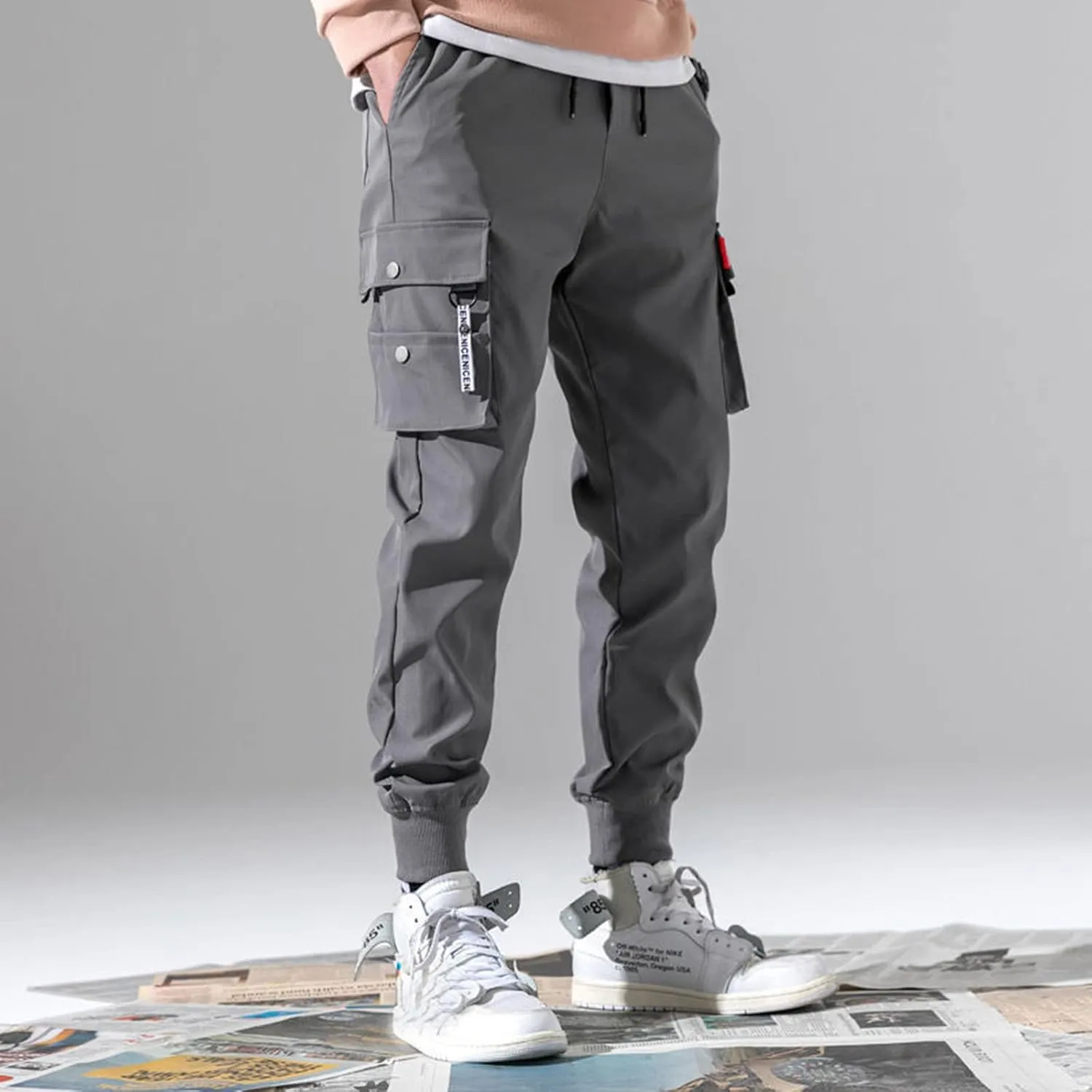 Mens Cargo Pants Casual Joggers Athletic Pants Cotton Loose Straight Sweatpants Fashion Punk Joggers Sports Pants