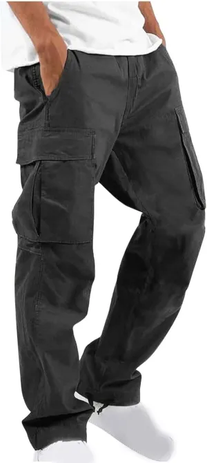 Mens Cargo Pants Elastic Waist Drawstring Joggers Cotton Athletic Pants Casual Hiking Pants Lightweight Sweatpants