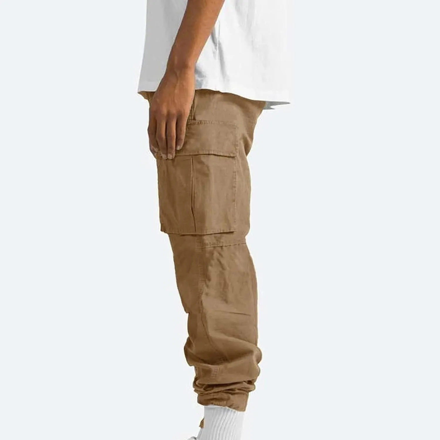 Mens Cargo Pants Elastic Waist Drawstring Joggers Cotton Athletic Pants Casual Hiking Pants Lightweight Sweatpants