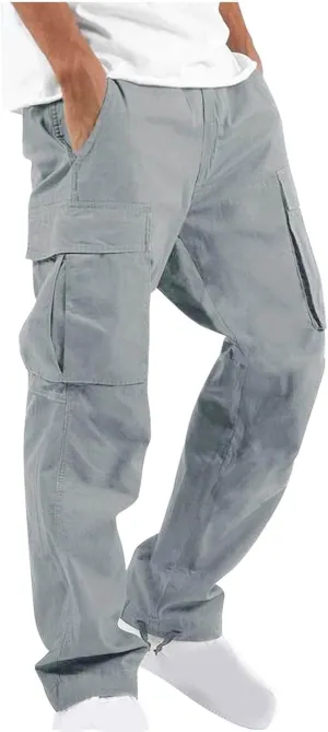 Mens Cargo Pants Elastic Waist Drawstring Joggers Cotton Athletic Pants Casual Hiking Pants Lightweight Sweatpants