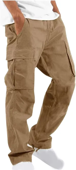 Mens Cargo Pants Elastic Waist Drawstring Joggers Cotton Athletic Pants Casual Hiking Pants Lightweight Sweatpants