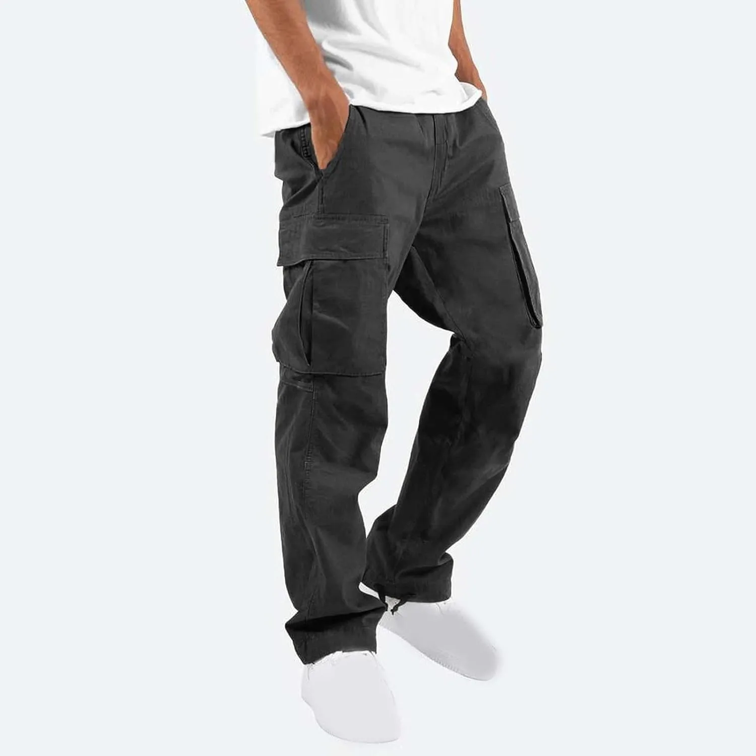 Mens Cargo Pants Elastic Waist Drawstring Joggers Cotton Athletic Pants Casual Hiking Pants Lightweight Sweatpants