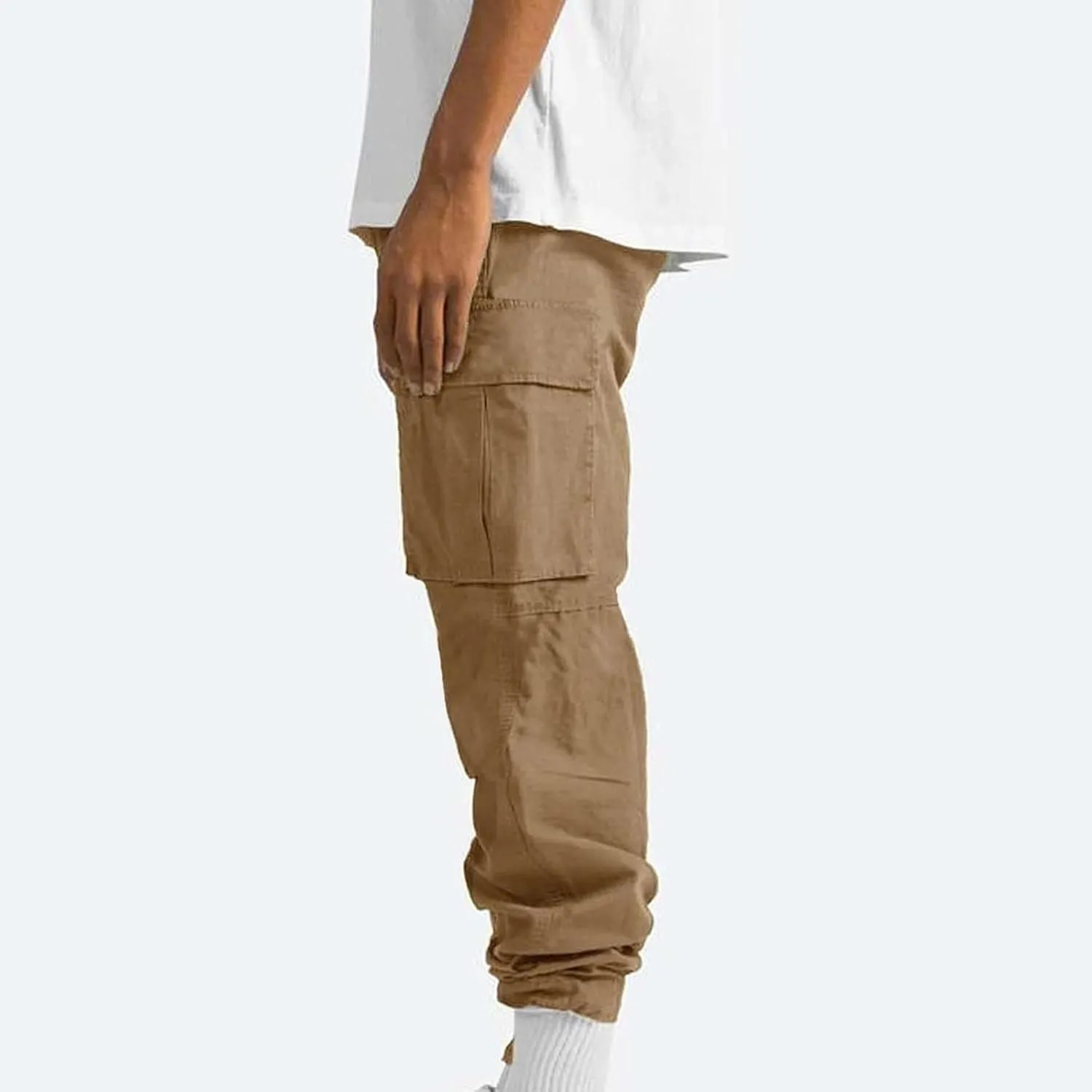 Mens Cargo Pants Elastic Waist Drawstring Joggers Cotton Athletic Pants Casual Hiking Pants Lightweight Sweatpants