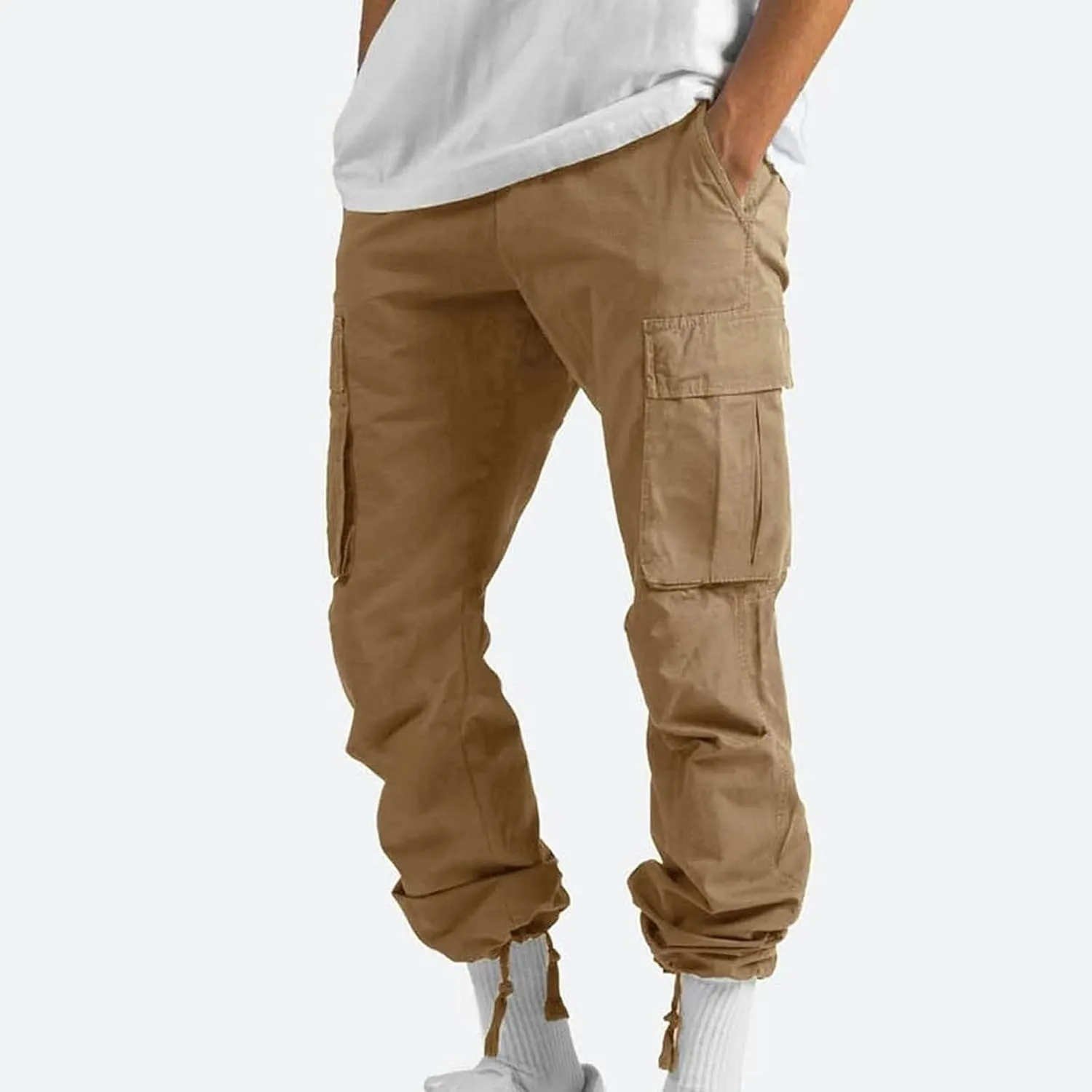 Mens Cargo Pants Elastic Waist Drawstring Joggers Cotton Athletic Pants Casual Hiking Pants Lightweight Sweatpants