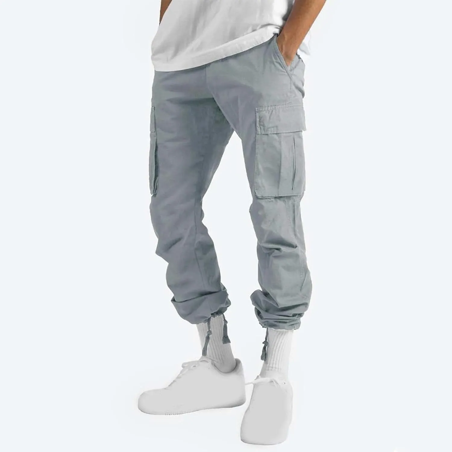 Mens Cargo Pants Elastic Waist Drawstring Joggers Cotton Athletic Pants Casual Hiking Pants Lightweight Sweatpants