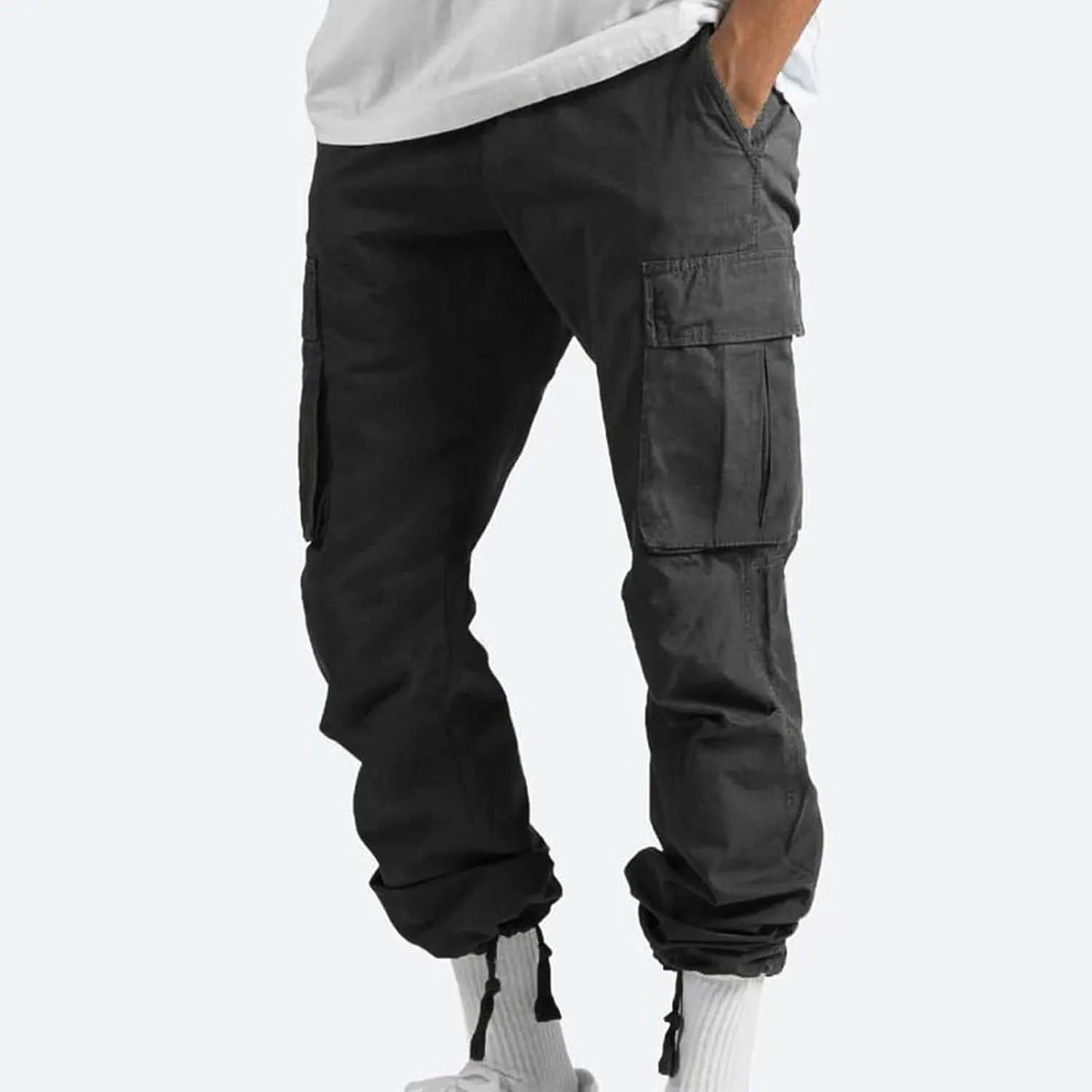 Mens Cargo Pants Elastic Waist Drawstring Joggers Cotton Athletic Pants Casual Hiking Pants Lightweight Sweatpants