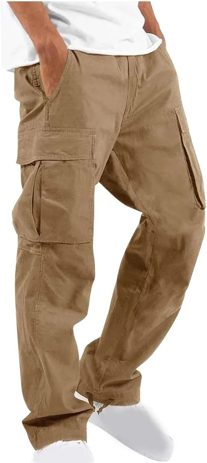Mens Cargo Pants Elastic Waist Drawstring Joggers Cotton Athletic Pants Casual Hiking Pants Lightweight Sweatpants