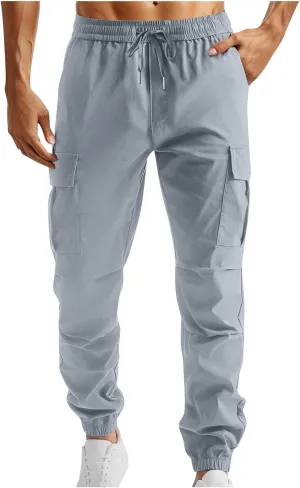Mens Casual Cargo Joggers Pants Elastic Waist Drawstring Stretch Work Pants Tapered Sweatpants with Multi Pockets