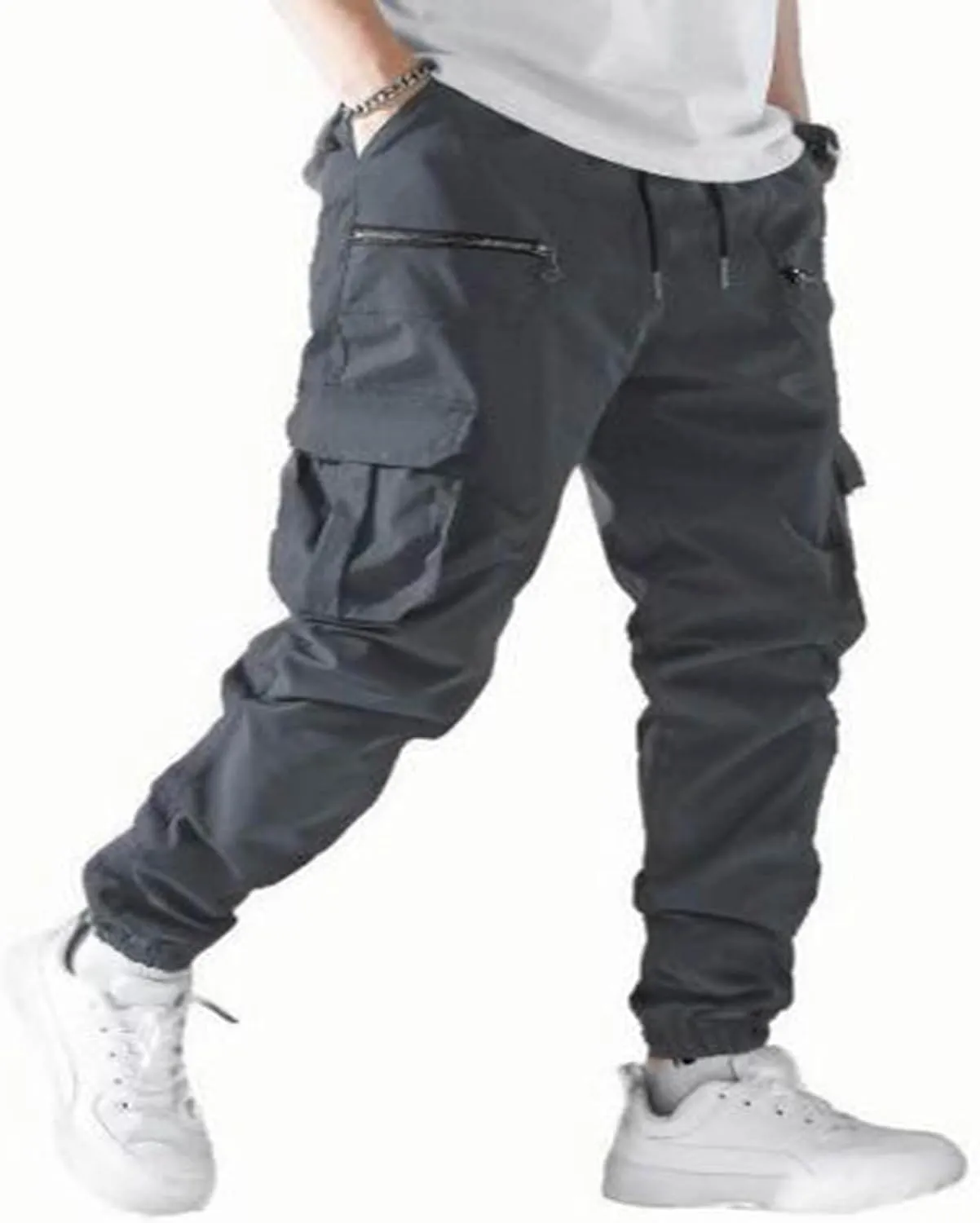 Men's Casual Cargo Pants Drawstring Workout Trousers with Zipper Pockets Joggers Tactical Loose Fit Pants
