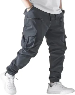 Men's Casual Cargo Pants Drawstring Workout Trousers with Zipper Pockets Joggers Tactical Loose Fit Pants