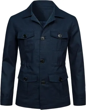 Mens Casual Linen Cargo Jackets Multi Pocket Utility Safari Jackets Lightweight Work Coats Button Down Overshirts