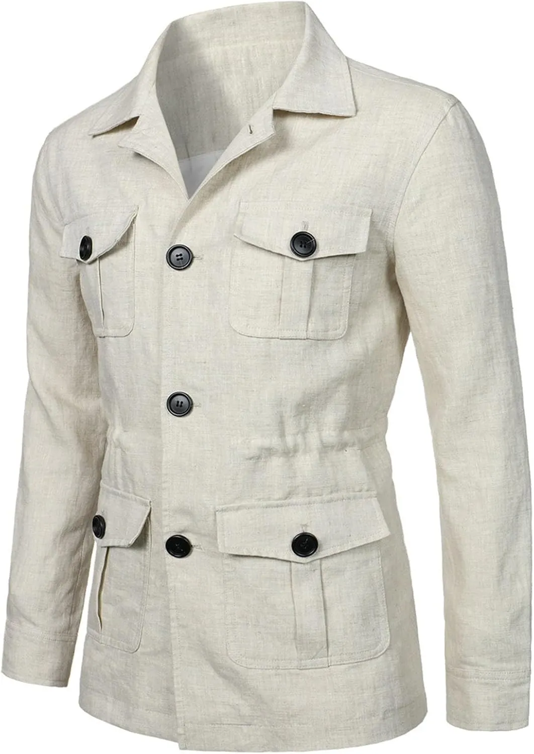 Mens Casual Linen Cargo Jackets Multi Pocket Utility Safari Jackets Lightweight Work Coats Button Down Overshirts