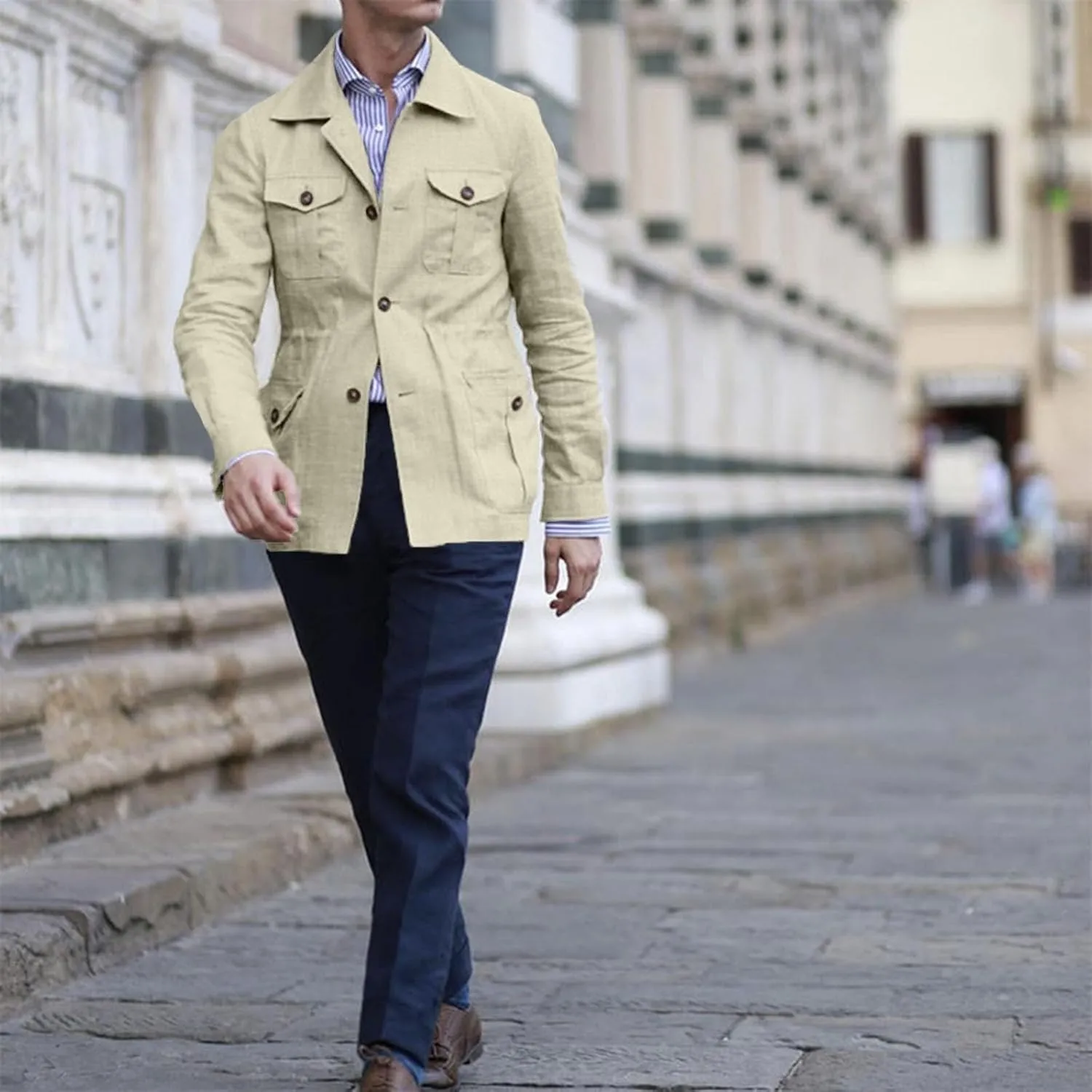 Mens Casual Linen Cargo Jackets Multi Pocket Utility Safari Jackets Lightweight Work Coats Button Down Overshirts