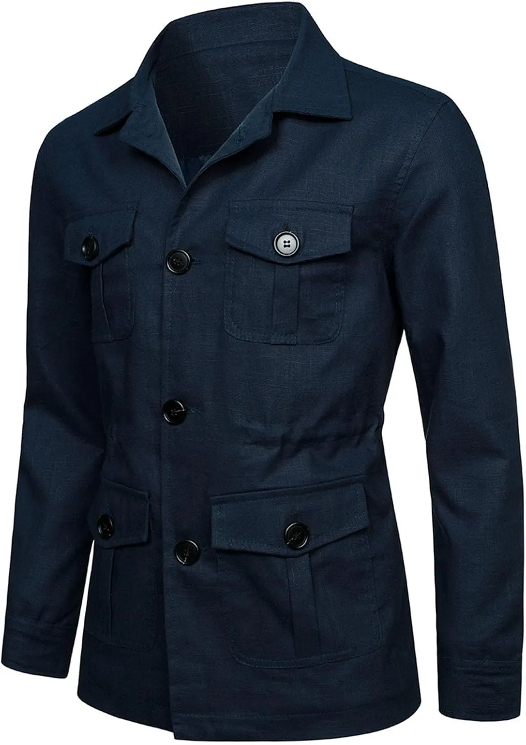 Mens Casual Linen Cargo Jackets Multi Pocket Utility Safari Jackets Lightweight Work Coats Button Down Overshirts