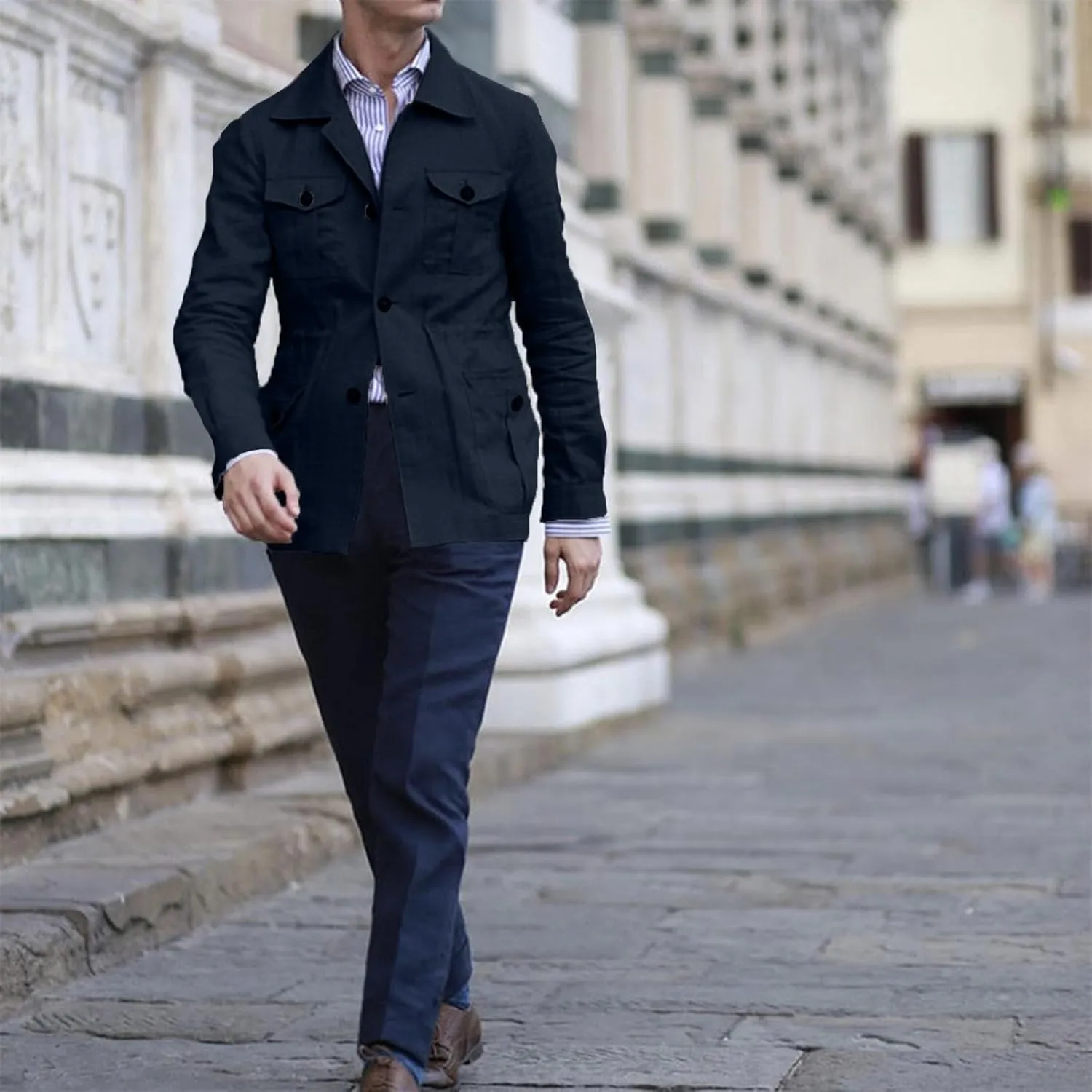 Mens Casual Linen Cargo Jackets Multi Pocket Utility Safari Jackets Lightweight Work Coats Button Down Overshirts