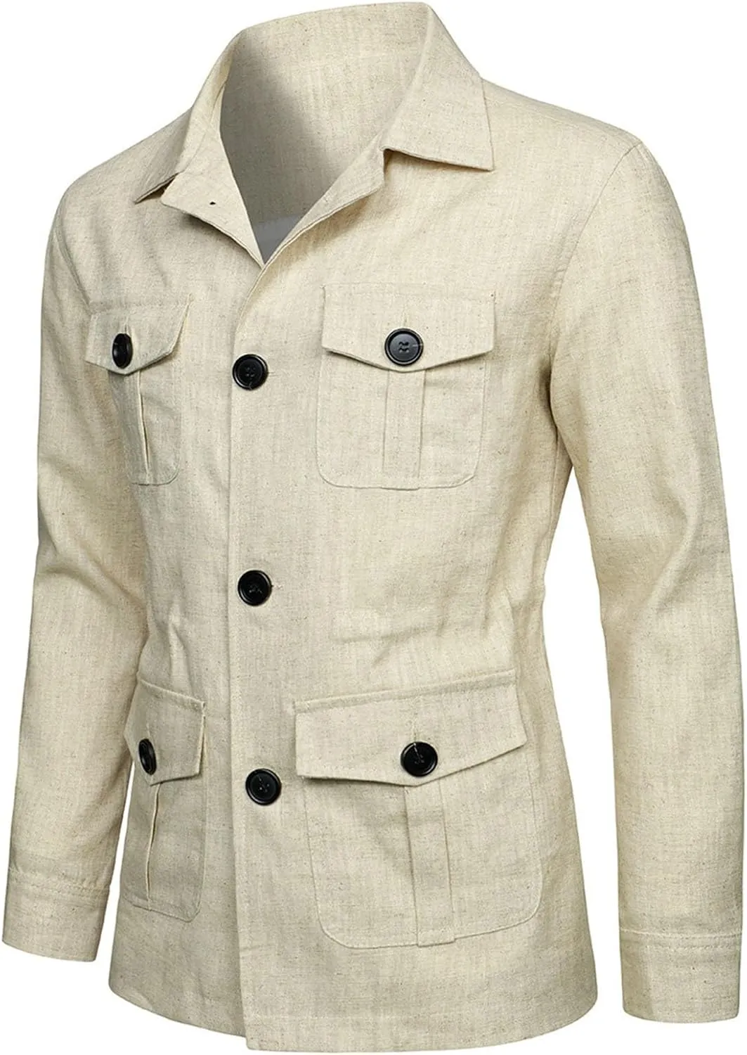 Mens Casual Linen Cargo Jackets Multi Pocket Utility Safari Jackets Lightweight Work Coats Button Down Overshirts