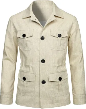 Mens Casual Linen Cargo Jackets Multi Pocket Utility Safari Jackets Lightweight Work Coats Button Down Overshirts
