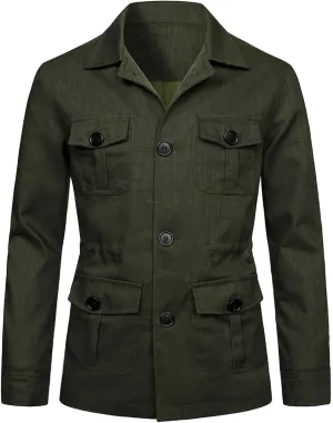 Mens Casual Linen Cargo Jackets Multi Pocket Utility Safari Jackets Lightweight Work Coats Button Down Overshirts