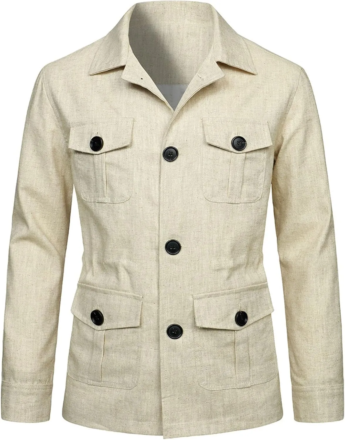 Mens Casual Linen Cargo Jackets Multi Pocket Utility Safari Jackets Lightweight Work Coats Button Down Overshirts