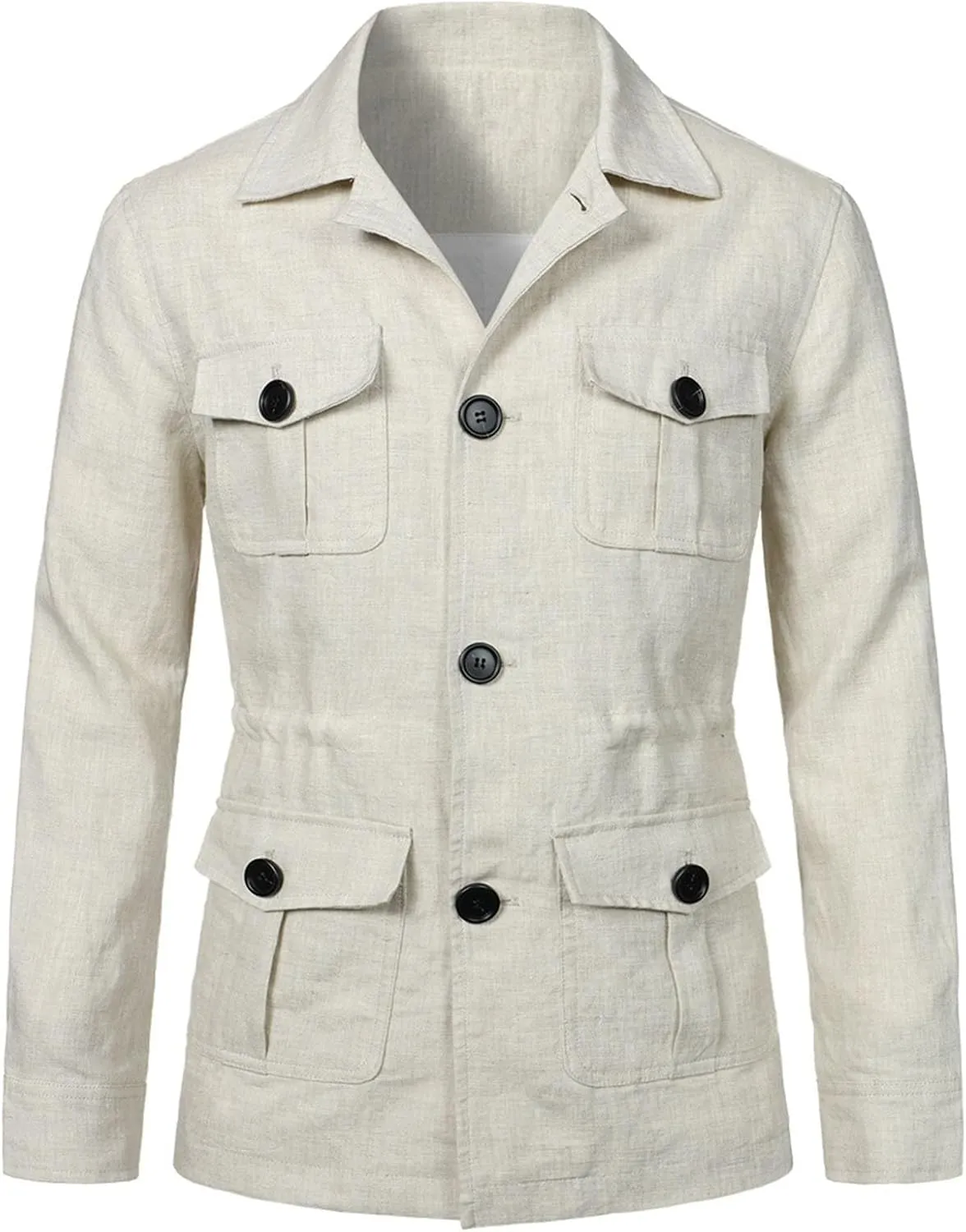 Mens Casual Linen Cargo Jackets Multi Pocket Utility Safari Jackets Lightweight Work Coats Button Down Overshirts
