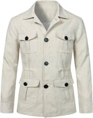 Mens Casual Linen Cargo Jackets Multi Pocket Utility Safari Jackets Lightweight Work Coats Button Down Overshirts
