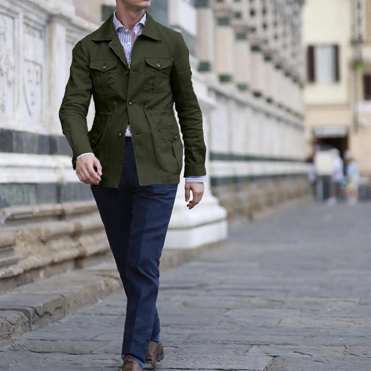 Mens Casual Linen Cargo Jackets Multi Pocket Utility Safari Jackets Lightweight Work Coats Button Down Overshirts