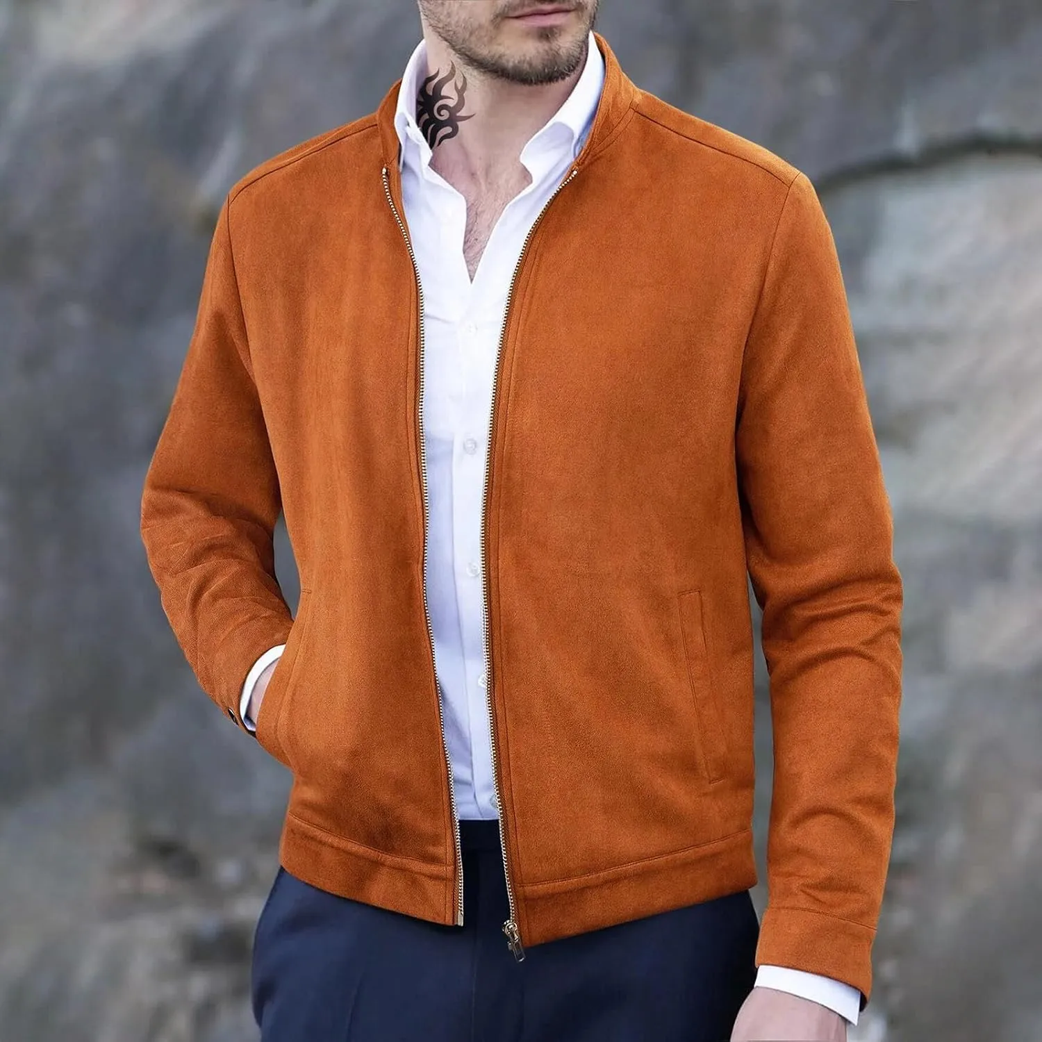 Men's Casual Varsity Jacket Vintage Lightweight Suede Bomber Jackets for Men Leather Baseball Bomber Jacket