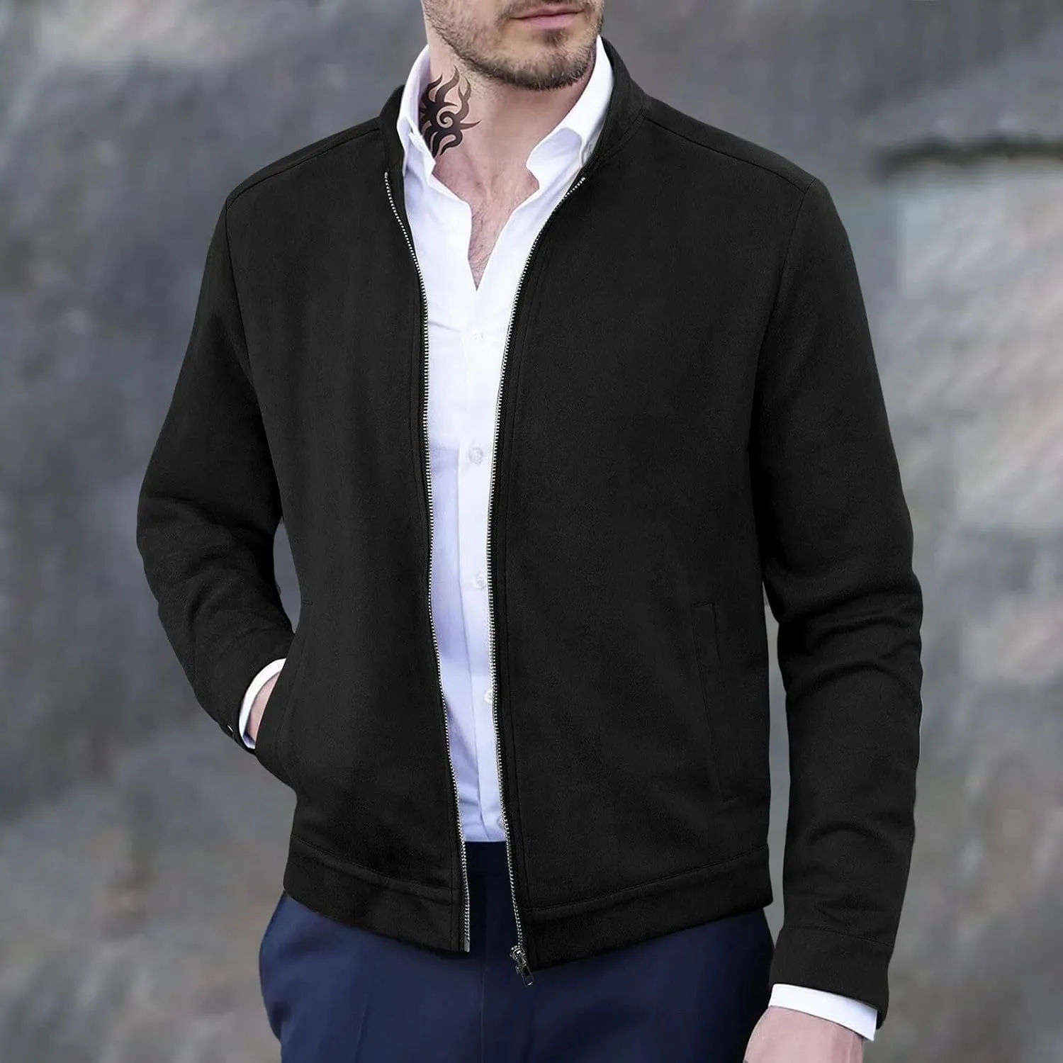 Men's Casual Varsity Jacket Vintage Lightweight Suede Bomber Jackets for Men Leather Baseball Bomber Jacket