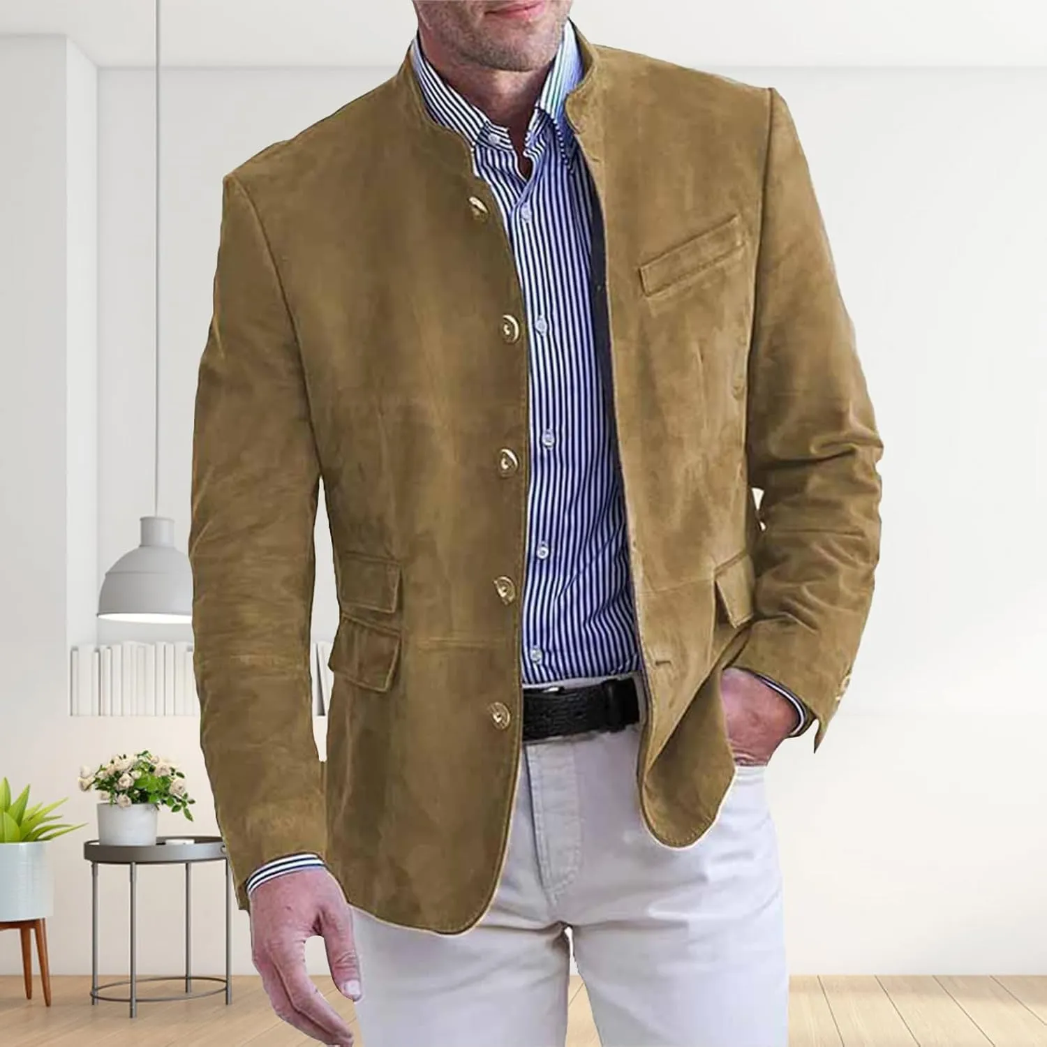 Mens Corduroy Suit Jacket Casual Slim Fit Stand Mandarin Collar Button Down Blazer Jackets Textured Sport Coats
