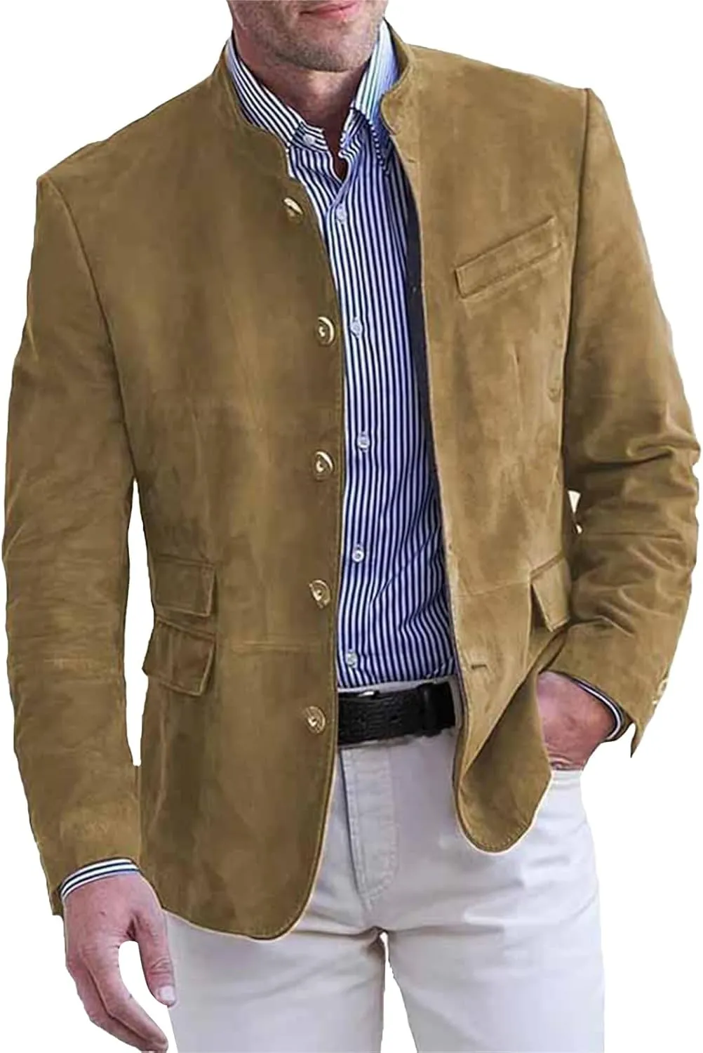 Mens Corduroy Suit Jacket Casual Slim Fit Stand Mandarin Collar Button Down Blazer Jackets Textured Sport Coats