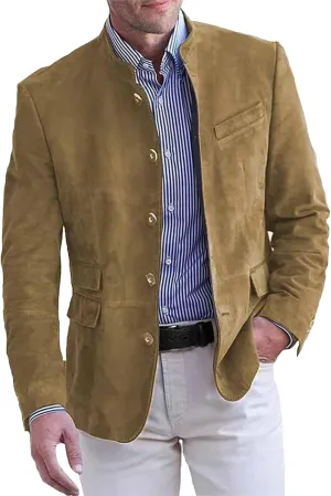 Mens Corduroy Suit Jacket Casual Slim Fit Stand Mandarin Collar Button Down Blazer Jackets Textured Sport Coats