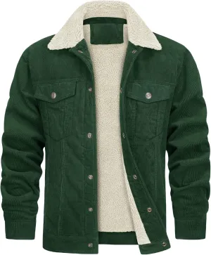 Mens Corduroy Trucker Jacket with Sherpa Fleece Lining Warm Winter Coat Thick Cotton Casual Lapel, Snap Buttons
