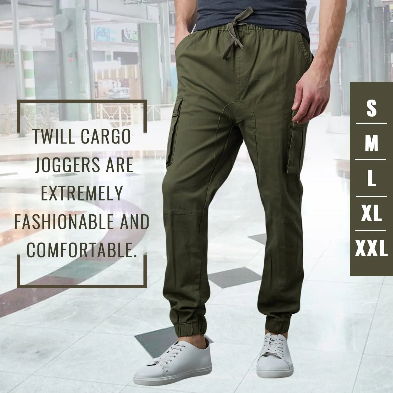 Men's Cotton Twill Cargo Joggers, Multi Pocket, Drawstring Joggers Stretch Pant for Casual, Lounging and Outdoor