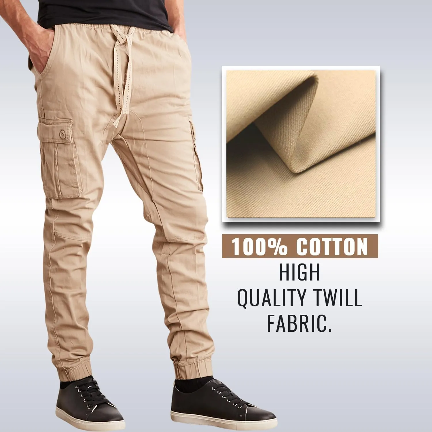 Men's Cotton Twill Cargo Joggers, Multi Pocket, Drawstring Joggers Stretch Pant for Casual, Lounging and Outdoor