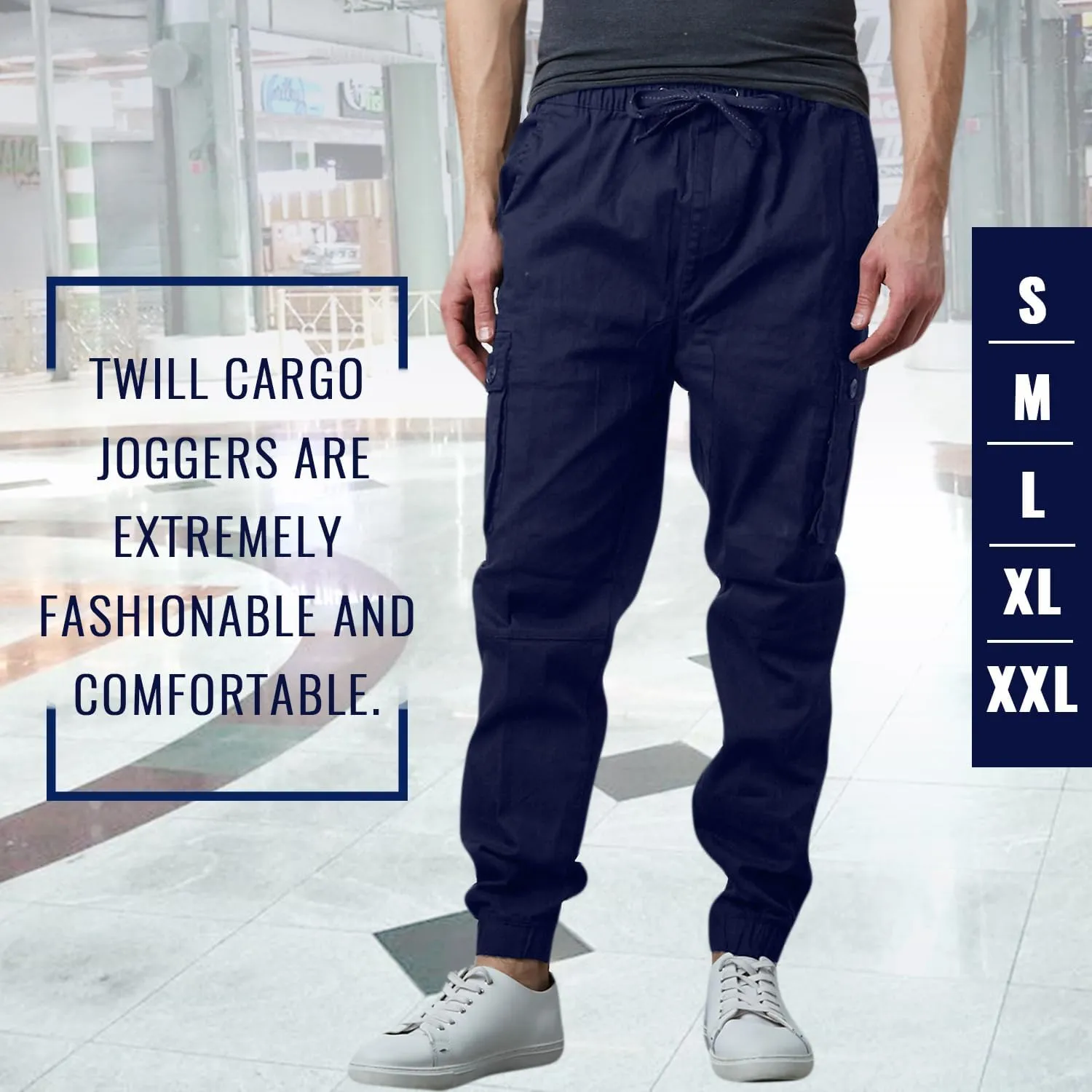 Men's Cotton Twill Cargo Joggers, Multi Pocket, Drawstring Joggers Stretch Pant for Casual, Lounging and Outdoor